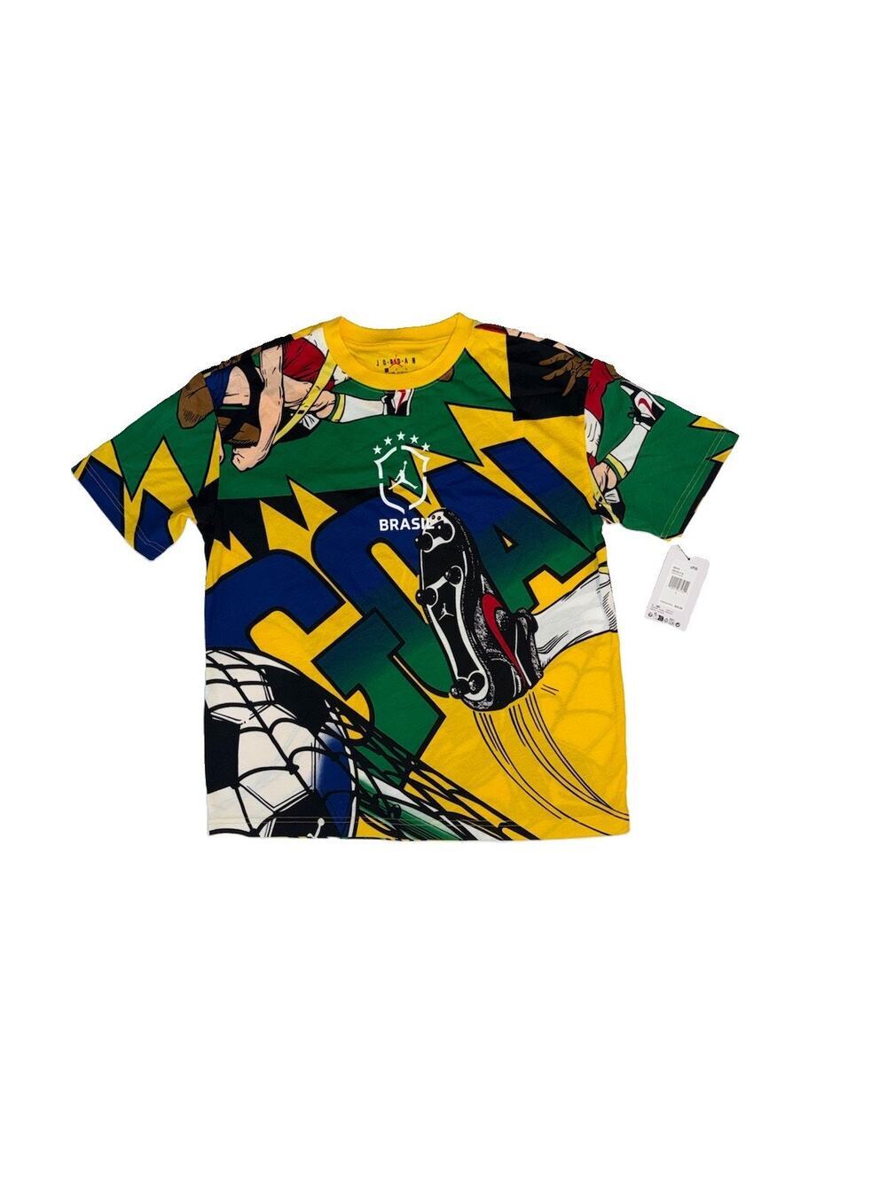 Jordan Brazil Boys L Soccer Graphic Allover Print T-Shirt NWT Ships FREE
